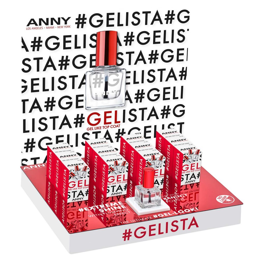 Gelista-Thekendisplay für 12 Produkte und eine Testerflasche aus tiefgezogenem Kunststoff von RIWA Display GmbH. Die Abdeckplatte besteht aus einem roten Metallspiegel auf Kunststoffbasis, der anschließend weiß bedruckt wurde.