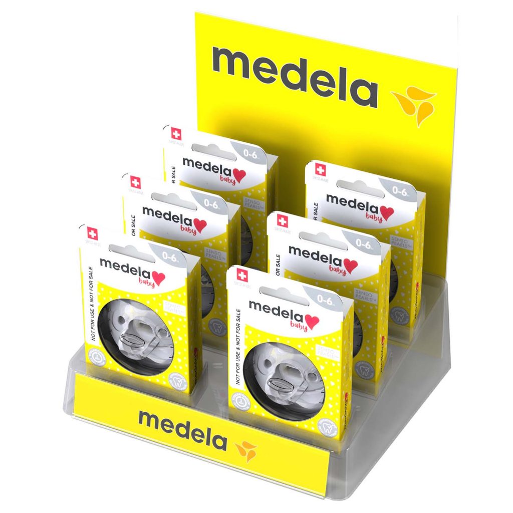 Ein Regaldisplay zur Förderung des Abverkaufs von Schnullern der Marke Medela, hergestellt von RIWA Display GmbH in Garching bei München.