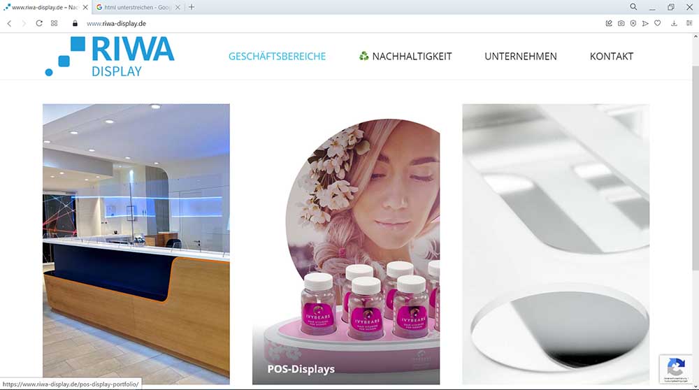 Screenshot der neuen Internetseite der RIWA Display GmbH aus Garching bei München.